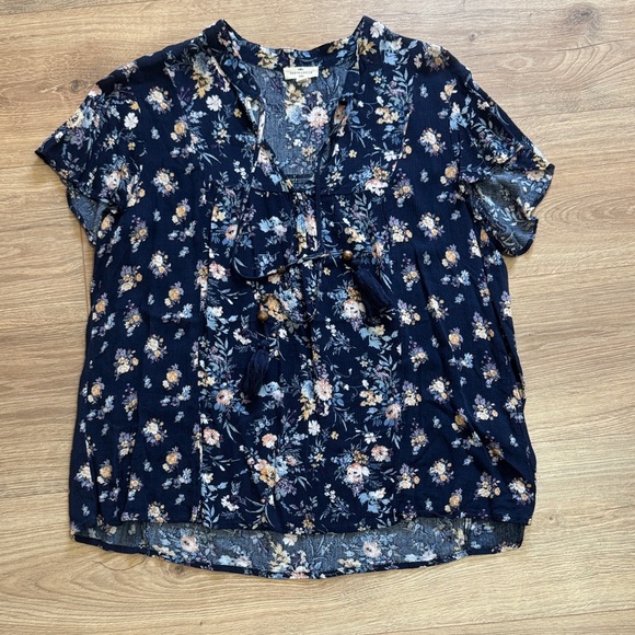 mason & belle Tops - Navy Floral Blouse with Tassels